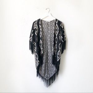 Rumors Tribal Print Fringe Kimono Duster